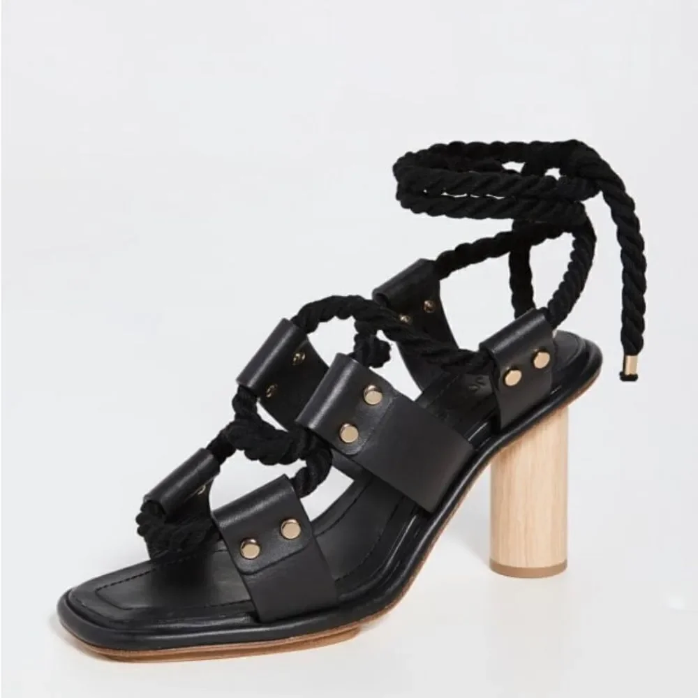 Revolve Ulla Johnson Elvie Rope Calfskin Leather Noir Black SZ 35 Strappy Heels